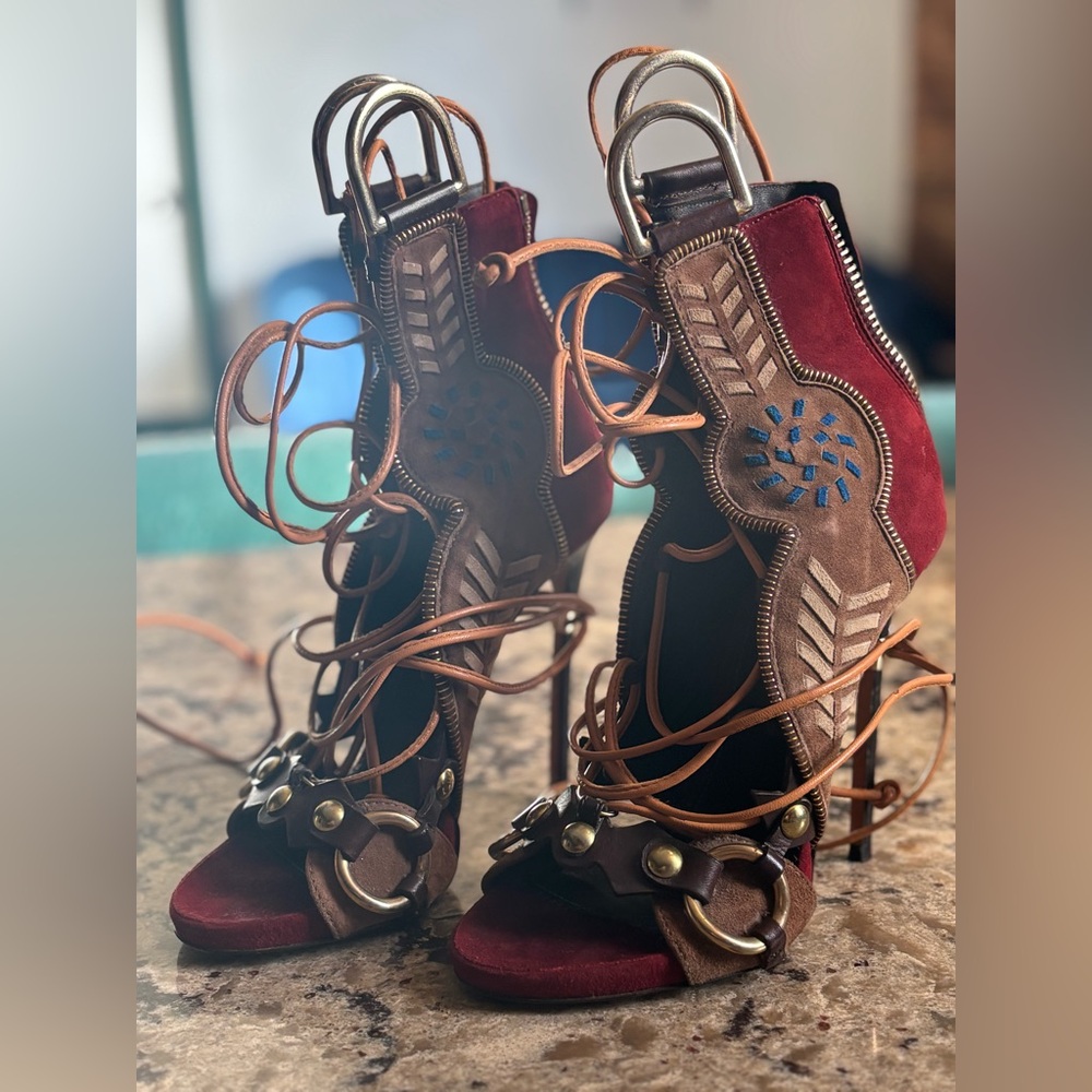 Women's Burgundy and Brown Lace-Up Heels